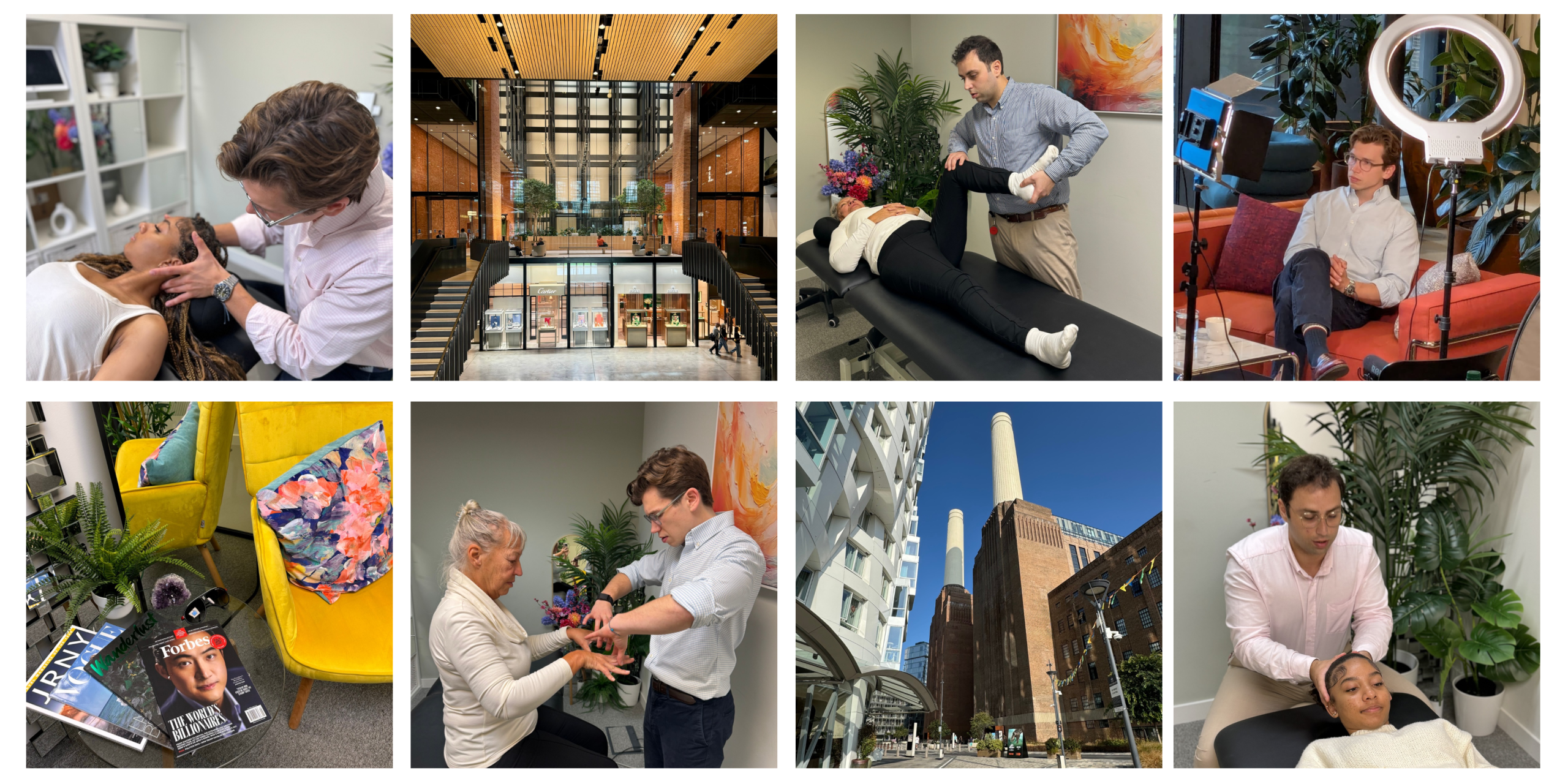 Pimlico Physiotherapy clinic collage showing hands-on treatment and clinic interior